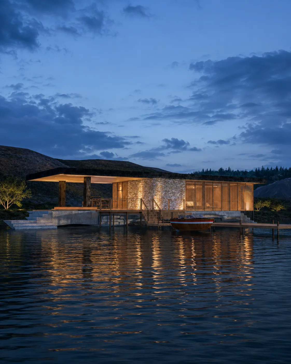 Render do Pavilhão à Beira do Lago ao entardecer, iluminação acesa refletida na água